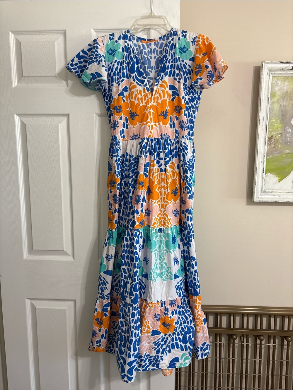 Oliphant Blue Orange Patchwork Floral Tiered Midi Maxi Dress Size S